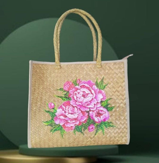 Women's handbag made of rushes, red and pink carnation pattern