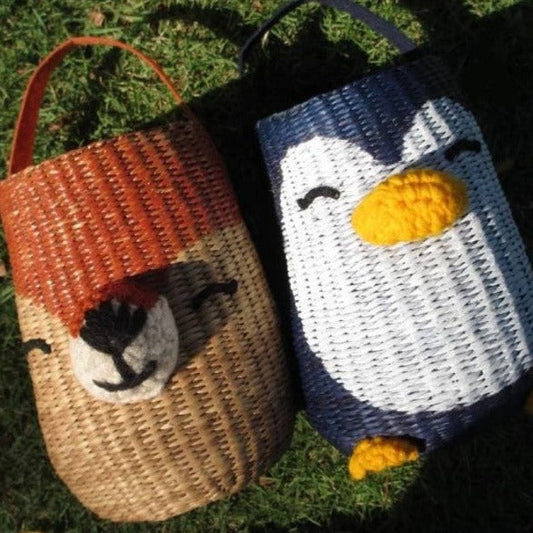 Women's handbags made of hand-woven rattan - in the shape of penguins AND dogs