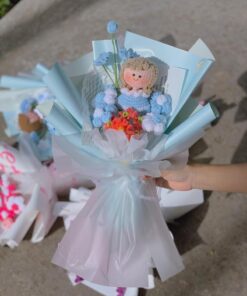 Bouquet of Wool Crochet Flowers, Designed With a Girl in the Center of the Flowers