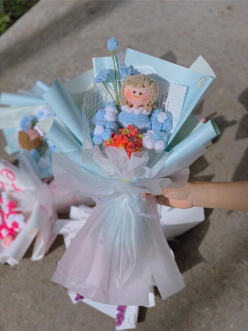 Bouquet of Wool Crochet Flowers, Designed With a Girl in the Center of the Flowers