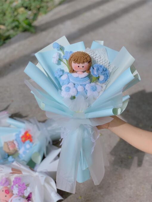 Bouquet of Wool Crochet Flowers, Designed With a Girl in the Center of the Flowers