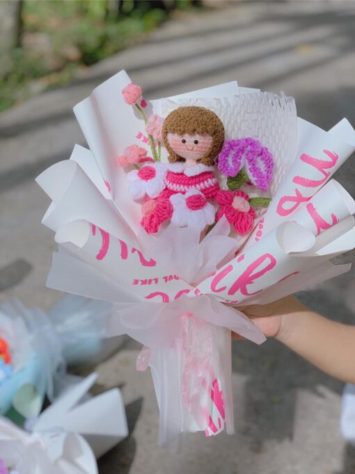 Bouquet of Wool Crochet Flowers, Designed With a Girl in the Center of the Flowers