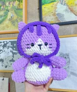 Cute Stuffed Cat With Purple Scarf on Head