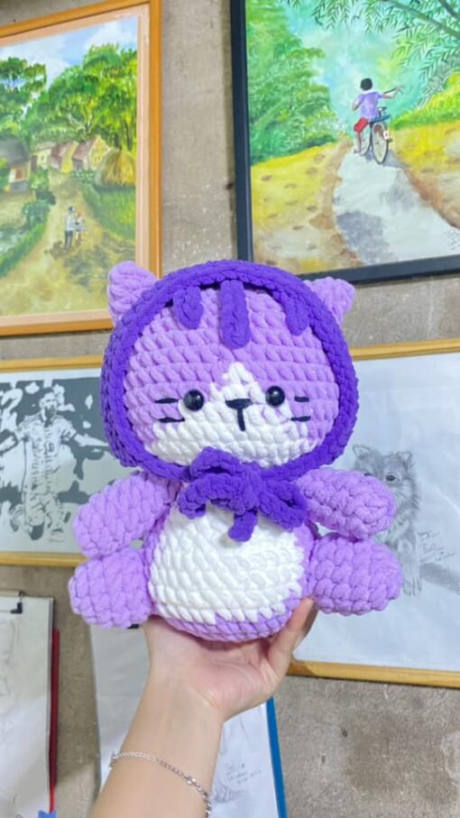 Cute Stuffed Cat With Purple Scarf on Head