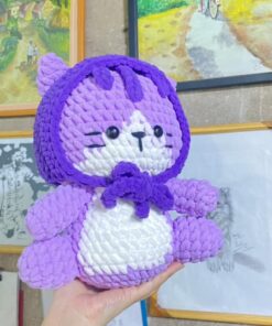 Cute Stuffed Cat With Purple Scarf on Head