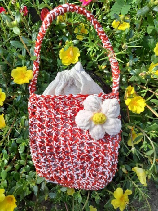 Woolen Handbag With White Apricot Blossom Pattern